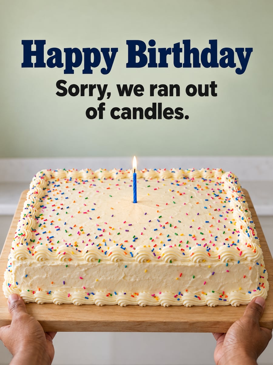 Birthday greeting image: two hands carrying a big sheet cake with sprinkles and one candle. It says “Happy Birthday” and “Sorry, we ran out of candles.”