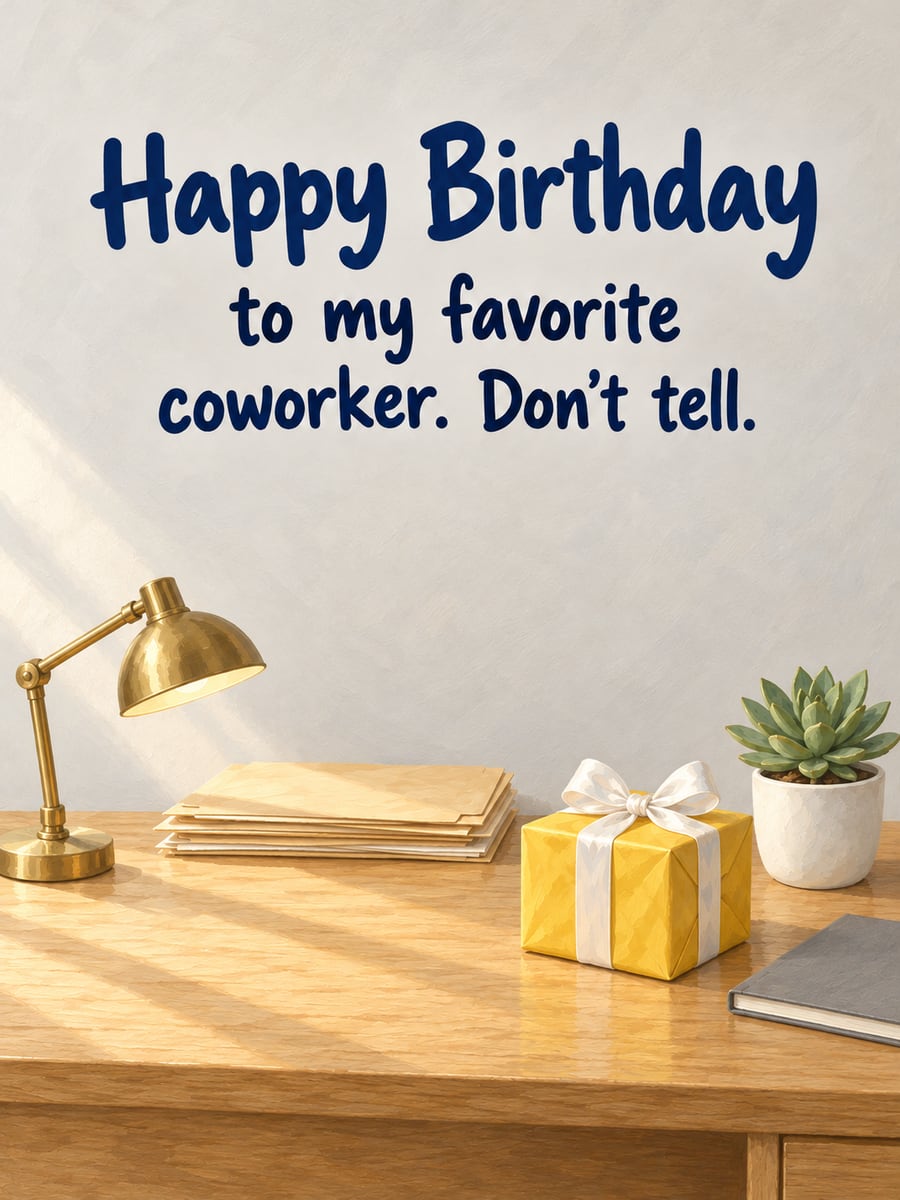 Birthday greeting image: small yellow gift on an office desk, desk lamp, succulent and folders. It says “Happy Birthday” and “to my favorite coworker. Don’t tell.”