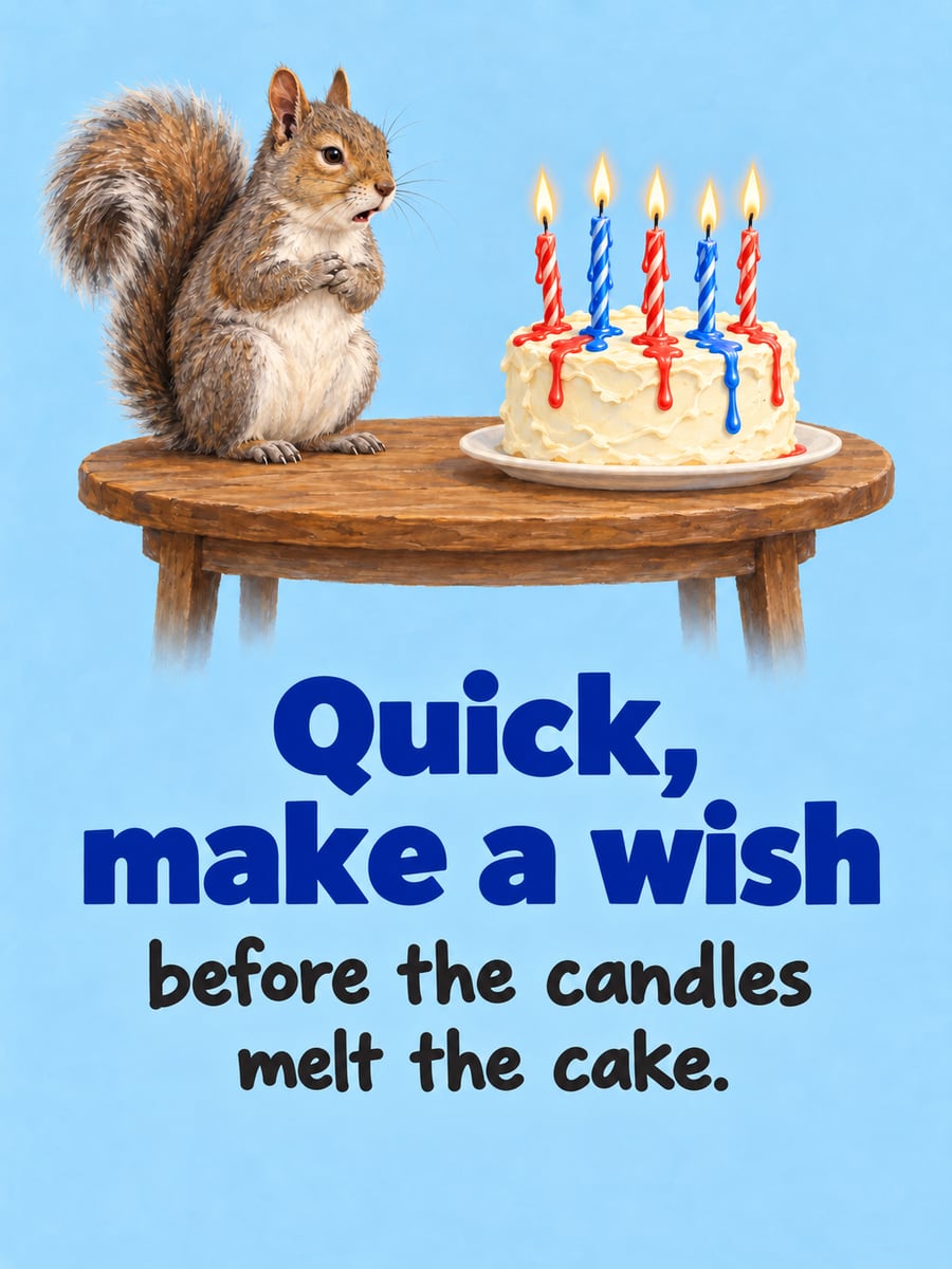 Birthday greeting image: gray squirrel on a wooden table, cake with five dripping lit candles. It says “Quick, make a wish” and “before the candles melt the cake.”