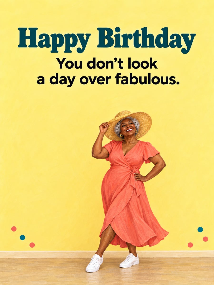 Birthday greeting image: stylish older Black woman in a coral dress and straw sun hat striking a pose. It says “Happy Birthday” and “You don’t look a day over fabulous.”