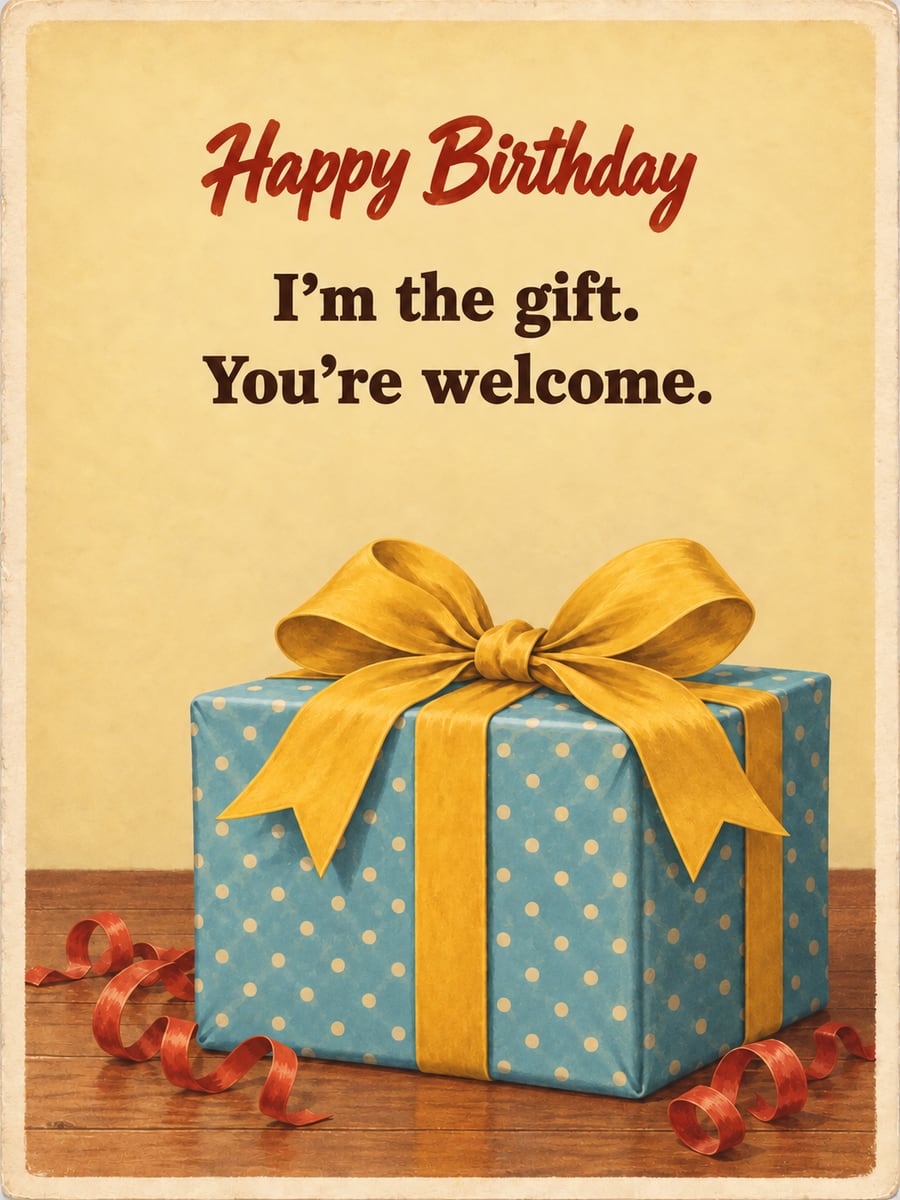 Birthday greeting image: big blue polka dot gift box with a mustard bow, red streamers. It says “Happy Birthday” and “I’m the gift. You’re welcome.”