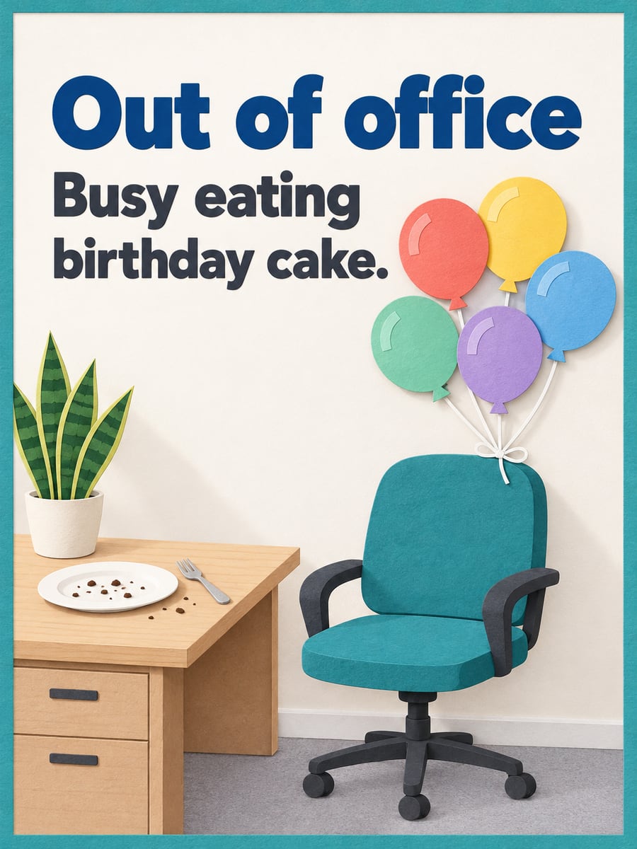 Birthday greeting image: paper-cut office chair with balloons tied to it, desk with an empty plate and crumbs, snake plant. It says “Out of office” and “Busy eating birthday cake.”