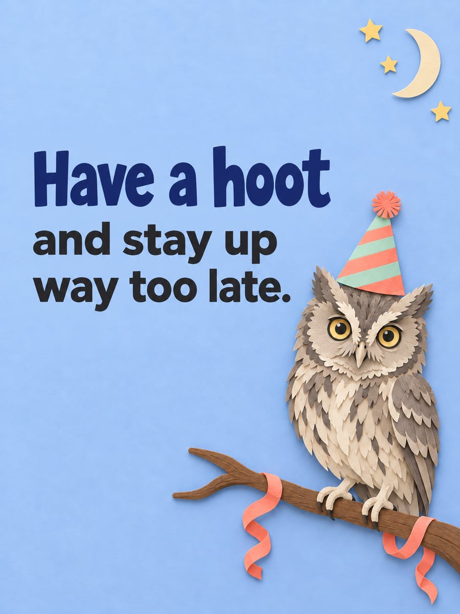 Birthday greeting image: paper-cut gray screech owl in a party hat on a branch, crescent moon and stars. It says “Have a hoot” and “and stay up way too late.”