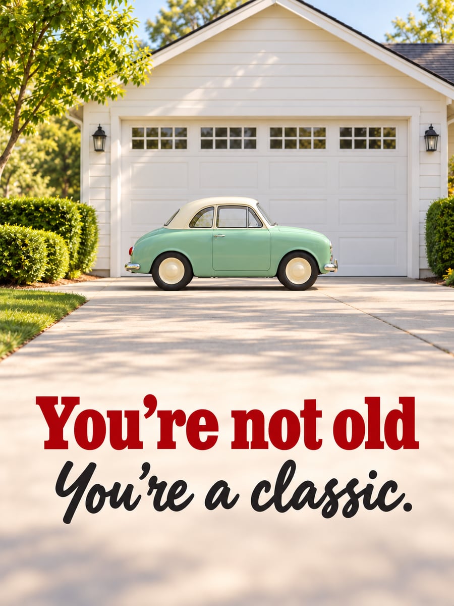Birthday greeting image: little seafoam green and cream classic car, driveway, white garage. It says “You’re not old” and “You’re a classic.”