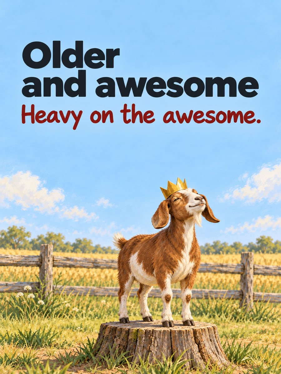 Birthday greeting image: brown and white goat in a gold paper crown standing on a tree stump, fence and field. It says “Older and awesome” and “Heavy on the awesome.”
