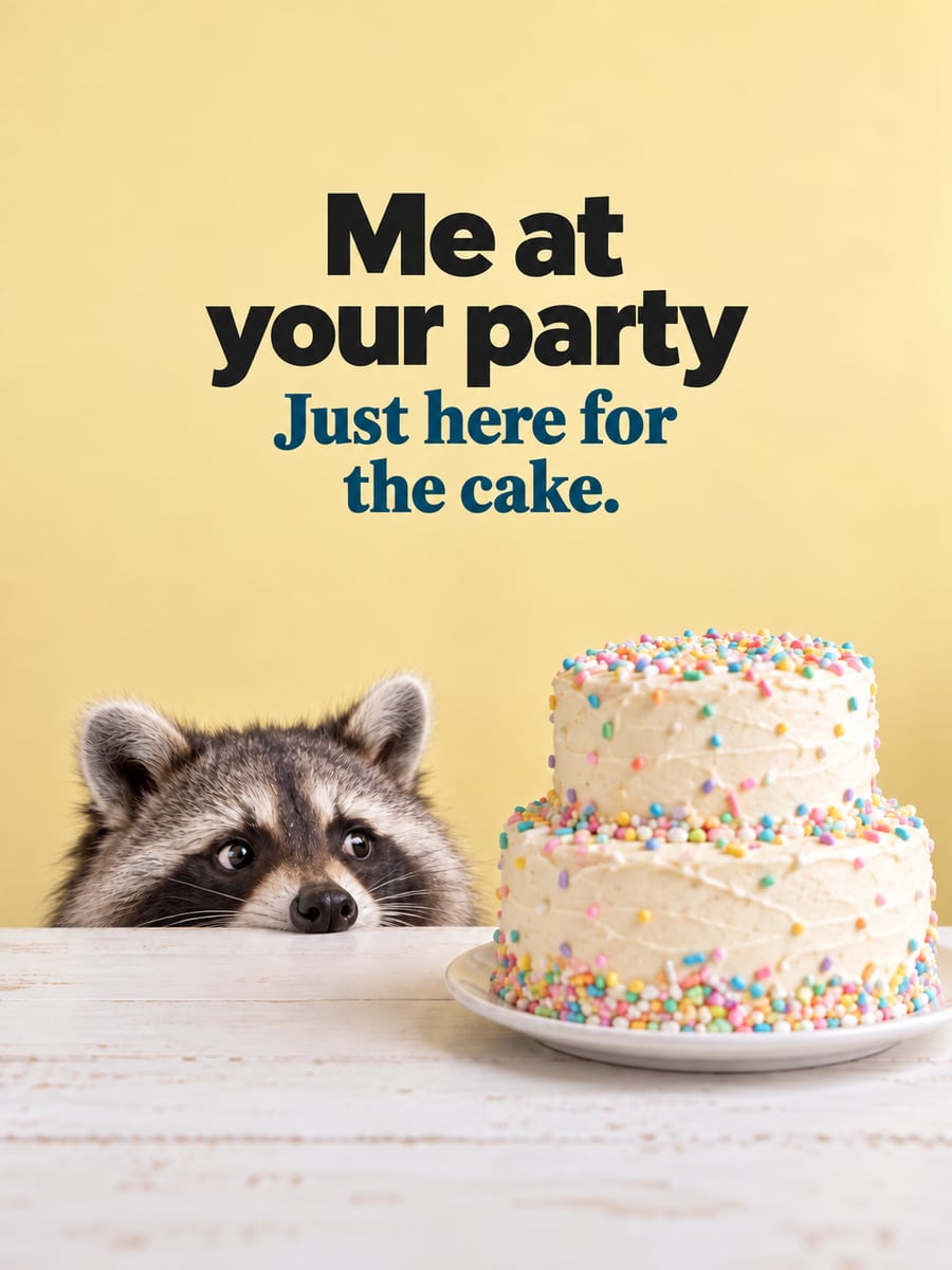 Birthday greeting image: raccoon peeking over a table edge, two-tier cake with sprinkles. It says “Me at your party” and “Just here for the cake.”