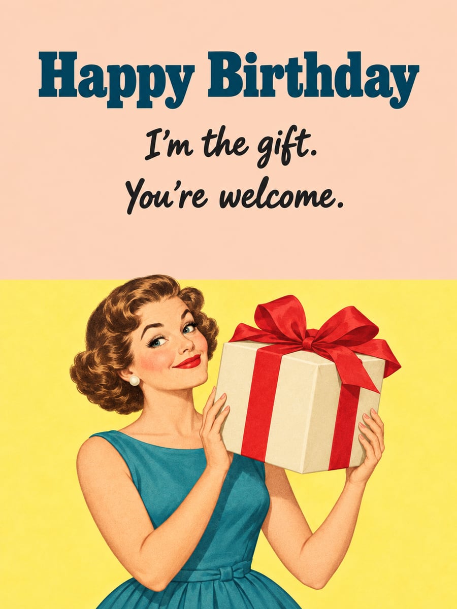 Birthday greeting image: retro woman in a teal dress holding a gift box with a red bow. It says “Happy Birthday” and “I’m the gift. You’re welcome.”