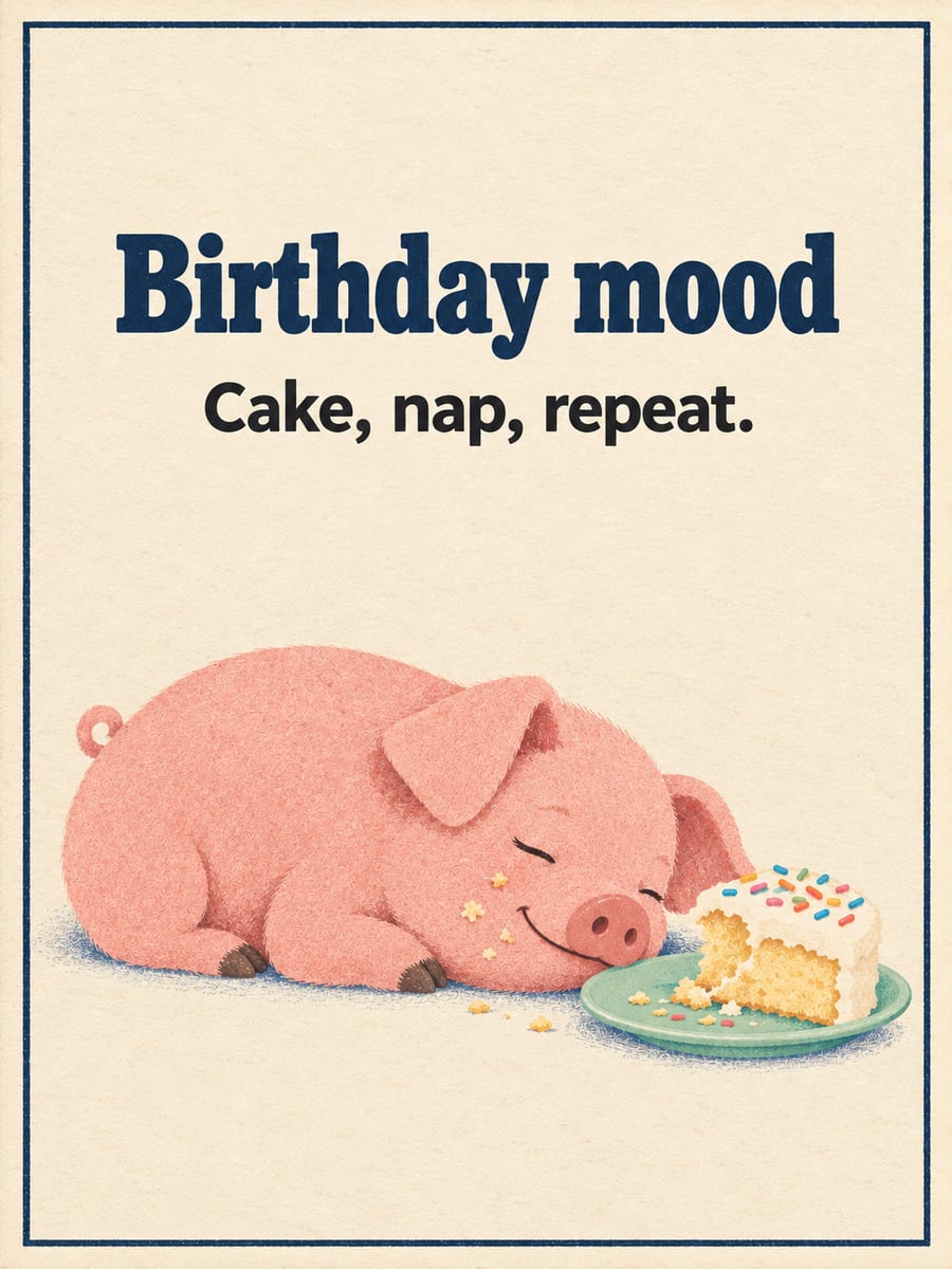 Birthday greeting image: pink piglet asleep next to a slice of sprinkle cake. It says “Birthday mood” and “Cake, nap, repeat.”
