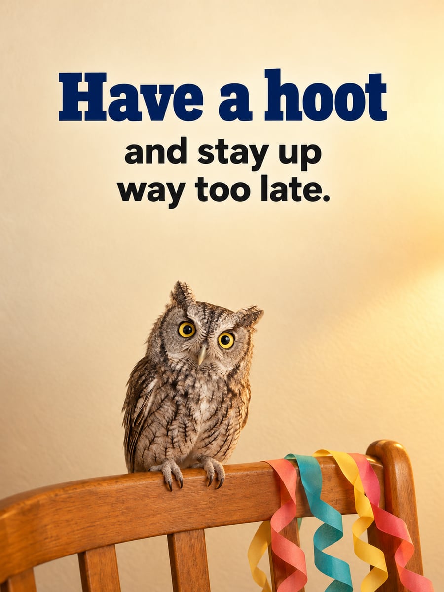 Birthday greeting image: eastern screech owl perched on a chair back, paper streamers. It says “Have a hoot” and “and stay up way too late.”