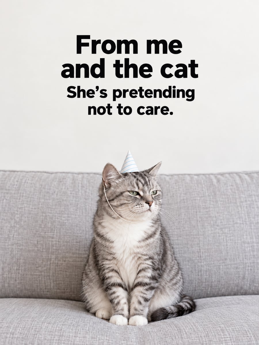Birthday greeting image: unimpressed silver tabby cat in a party hat on a gray sofa. It says “From me and the cat” and “She’s pretending not to care.”