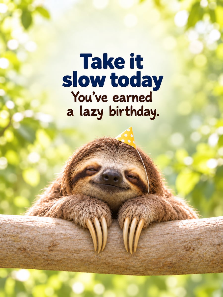 Birthday greeting image: sleepy sloth in a yellow polka dot party hat, tree branch. It says “Take it slow today” and “You’ve earned a lazy birthday.”