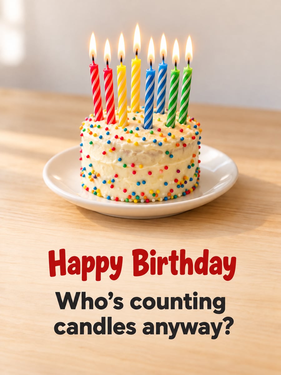 Birthday greeting image: small sprinkle cake crowded with lit striped candles. It says “Happy Birthday” and “Who’s counting candles anyway?”