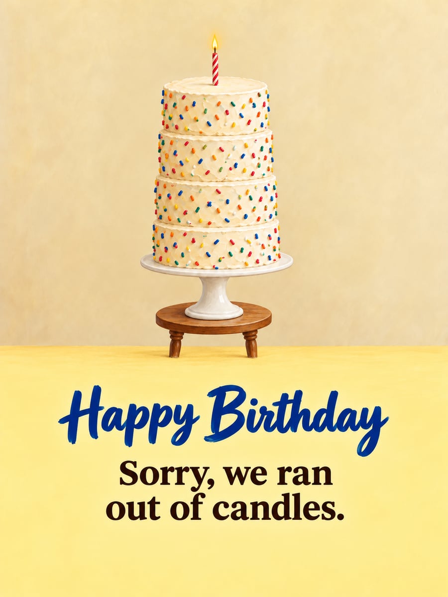 Birthday greeting image: very tall four-layer sprinkle cake with one candle. It says “Happy Birthday” and “Sorry, we ran out of candles.”