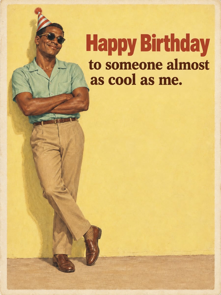 Birthday greeting image: Black man in round sunglasses and a party hat leaning on a yellow wall. It says “Happy Birthday” and “to someone almost as cool as me.”