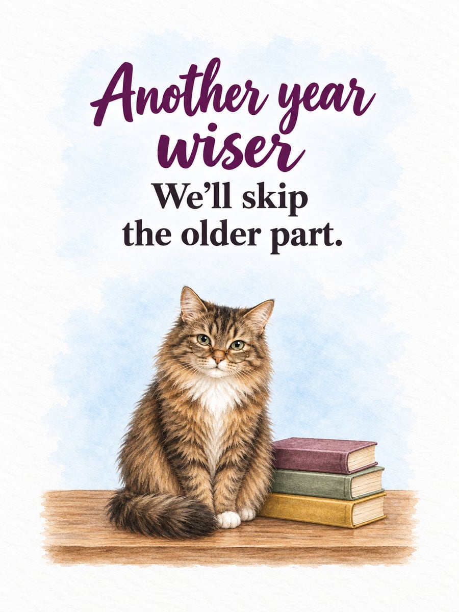 Birthday greeting image: long-haired brown tabby cat in tiny round glasses, stack of books. It says “Another year wiser” and “We’ll skip the older part.”