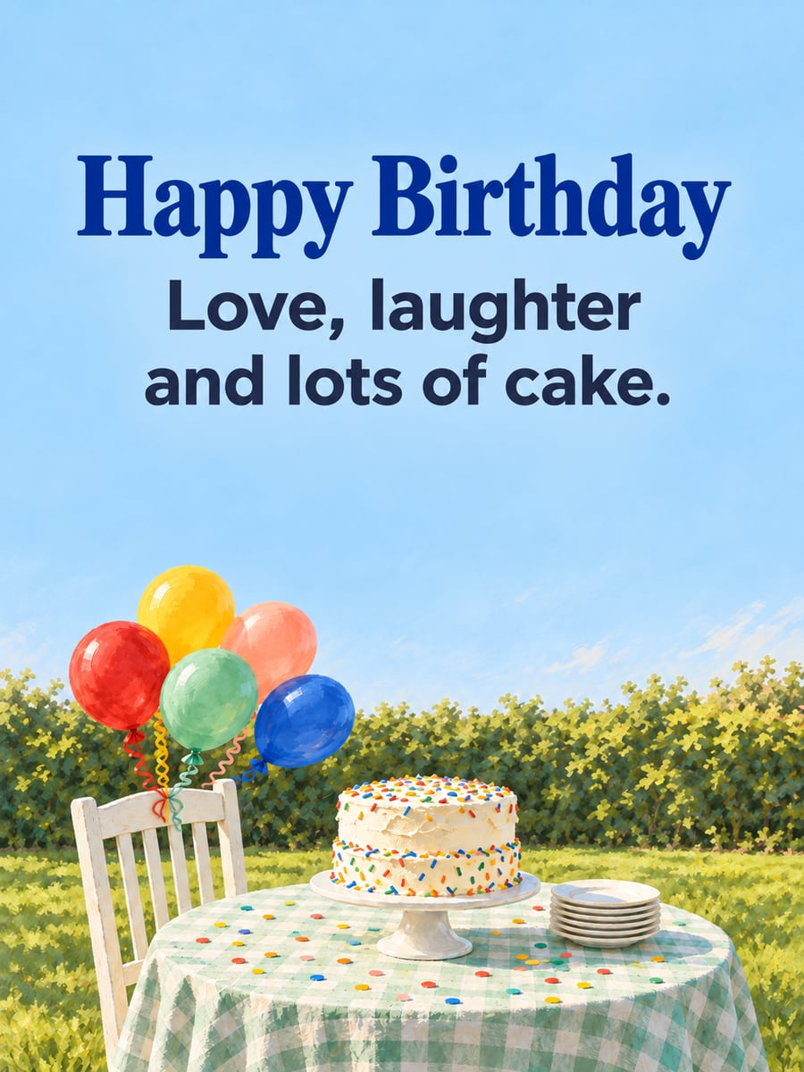 Birthday greeting image: five balloons tied to a white chair, sprinkle cake on a table with a gingham tablecloth, backyard hedge. It says “Happy Birthday” and “Love, laughter and lots of cake.”