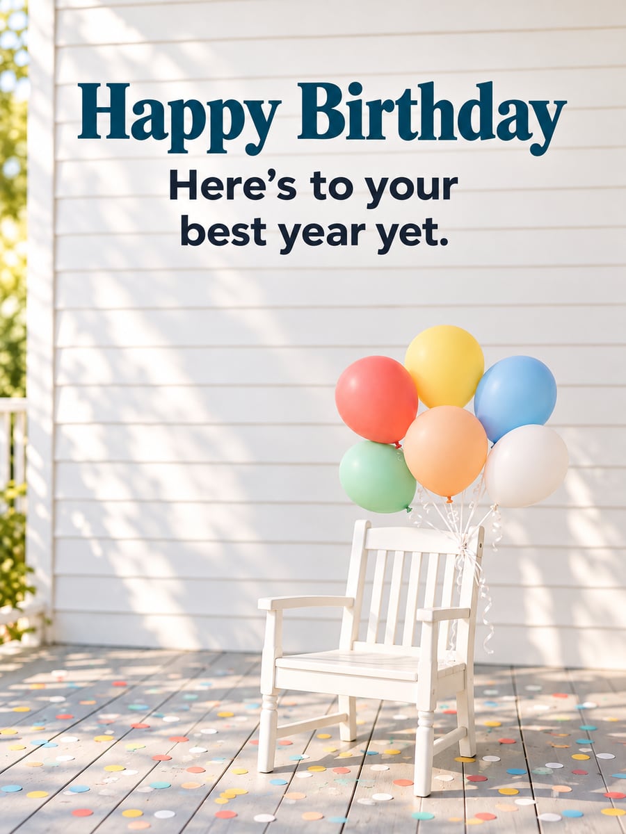 Birthday greeting image: bunch of balloons tied to a white porch chair, confetti on the porch floor. It says “Happy Birthday” and “Here’s to your best year yet.”