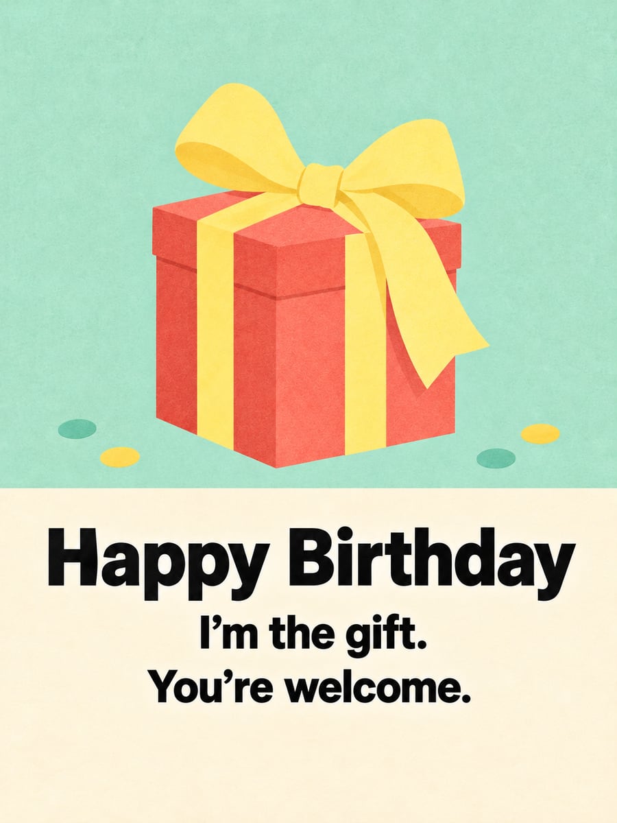 Birthday greeting image: big coral gift box with a floppy yellow bow. It says “Happy Birthday” and “I’m the gift. You’re welcome.”