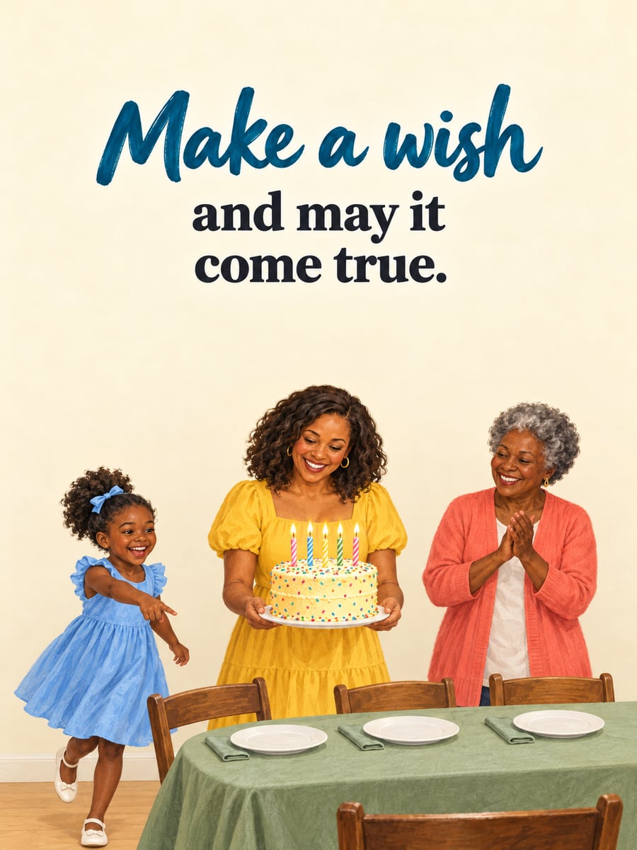Birthday greeting image: Black mother carrying a birthday cake with lit candles, grandmother clapping, little girl in a blue dress, set table. It says “Make a wish” and “and may it come true.”
