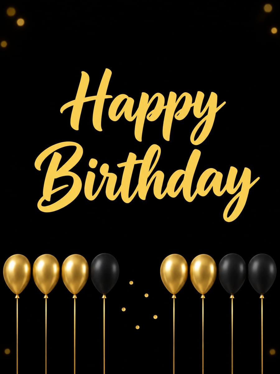 Birthday greeting image: gold and black balloons on black. It says “Happy Birthday”