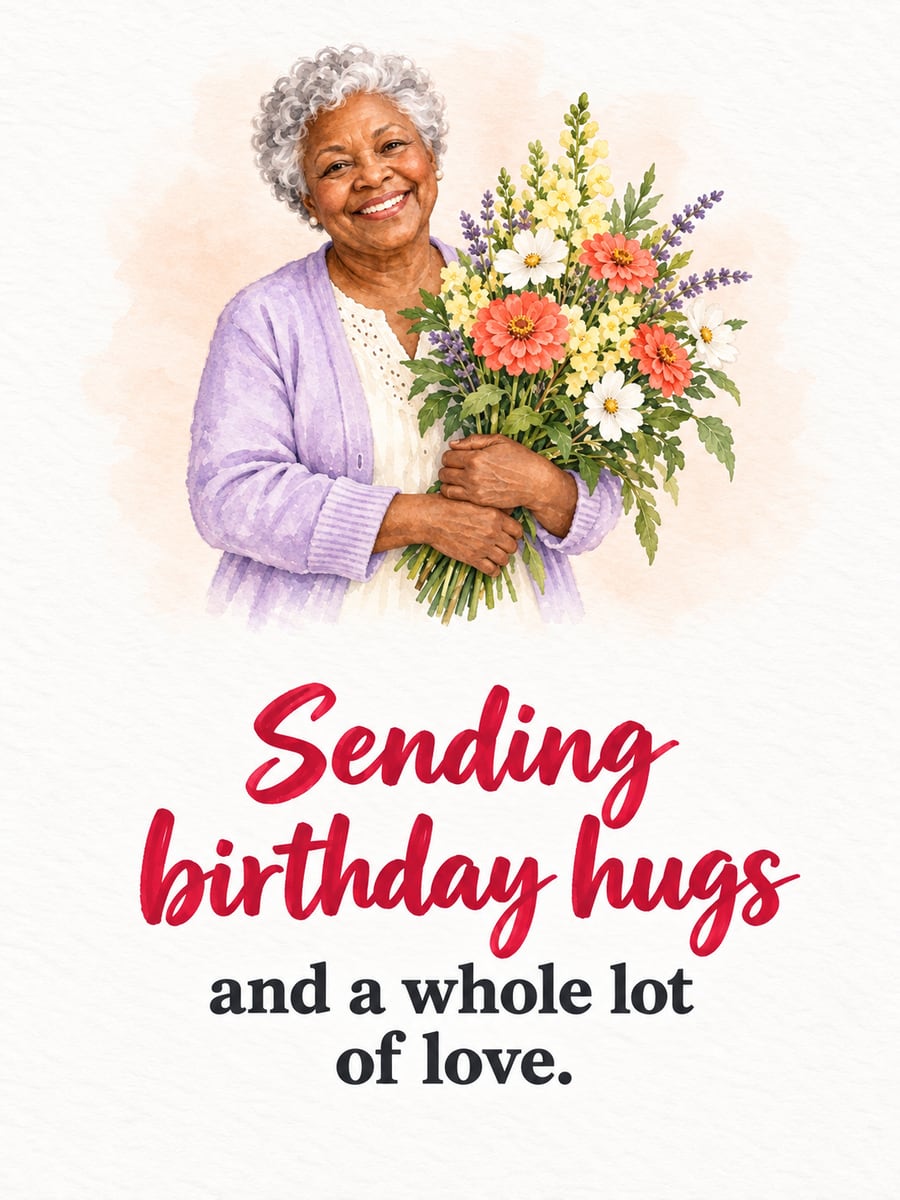 Birthday greeting image: smiling Black grandmother holding an armful of garden flowers. It says “Sending birthday hugs” and “and a whole lot of love.”