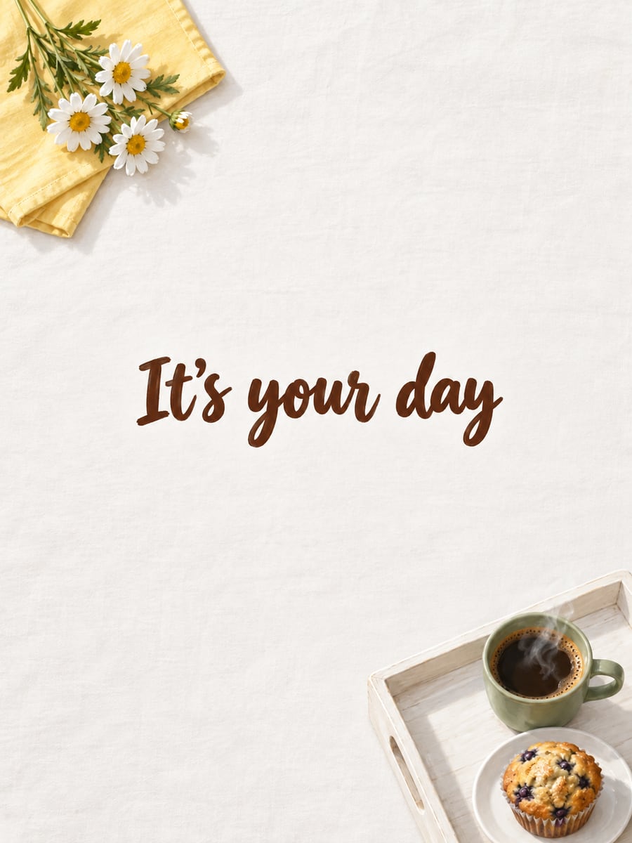 Birthday greeting image: breakfast tray with a mug of coffee and a blueberry muffin, white daisies, yellow napkin. It says “It’s your day”