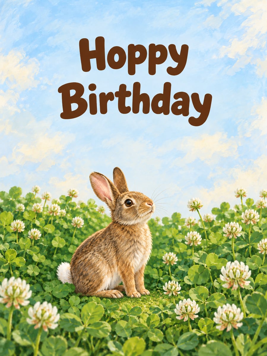 Birthday greeting image: cottontail rabbit sitting in clover, white clover flowers. It says “Hoppy Birthday”