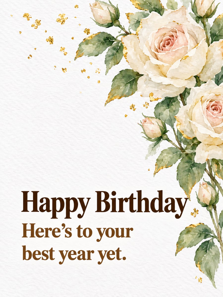 Birthday greeting image: watercolor cream roses with gold leaf. It says “Happy Birthday” and “Here’s to your best year yet.”