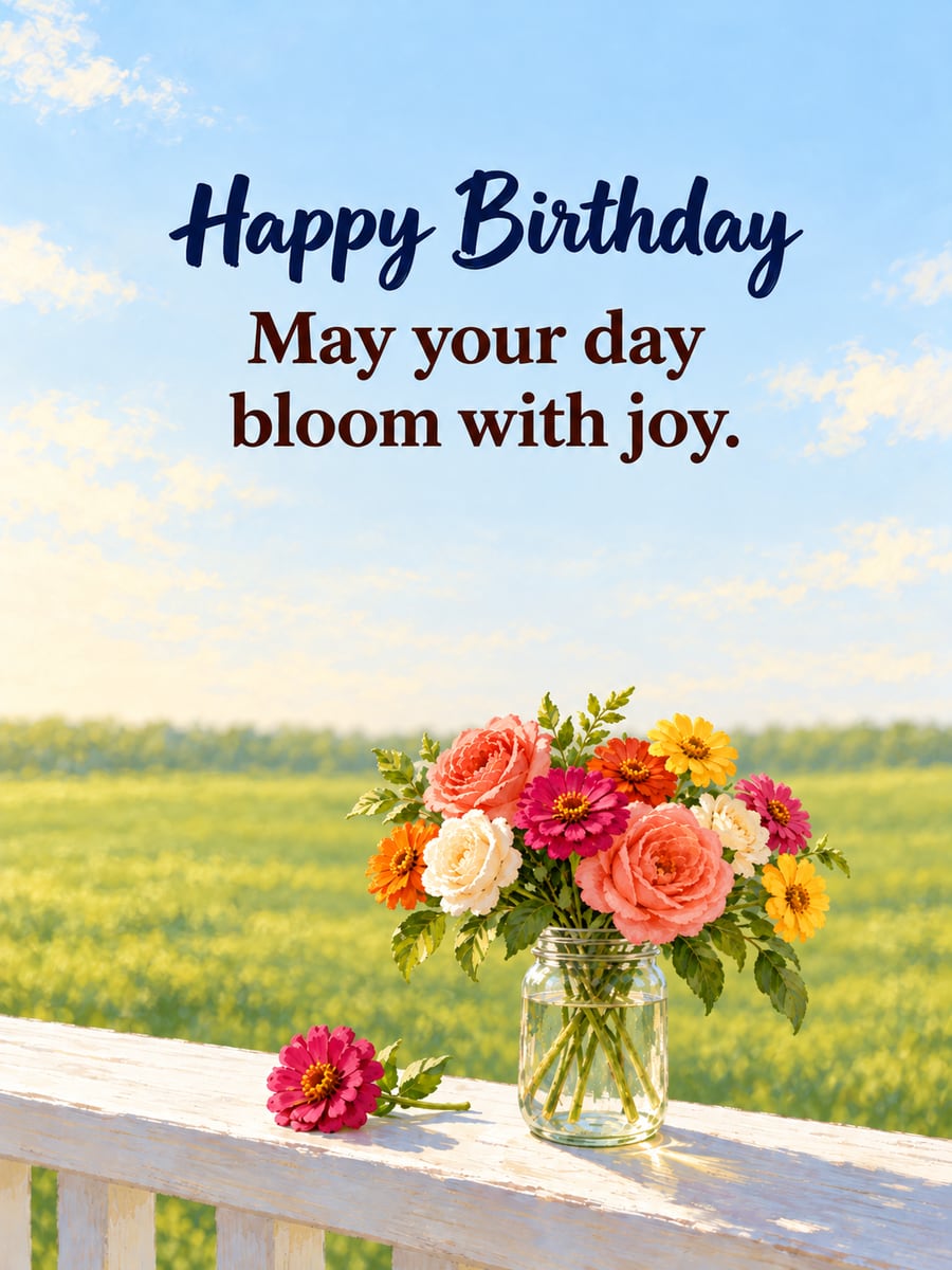 Birthday greeting image: garden roses and zinnias in a mason jar, white porch rail, green field. It says “Happy Birthday” and “May your day bloom with joy.”