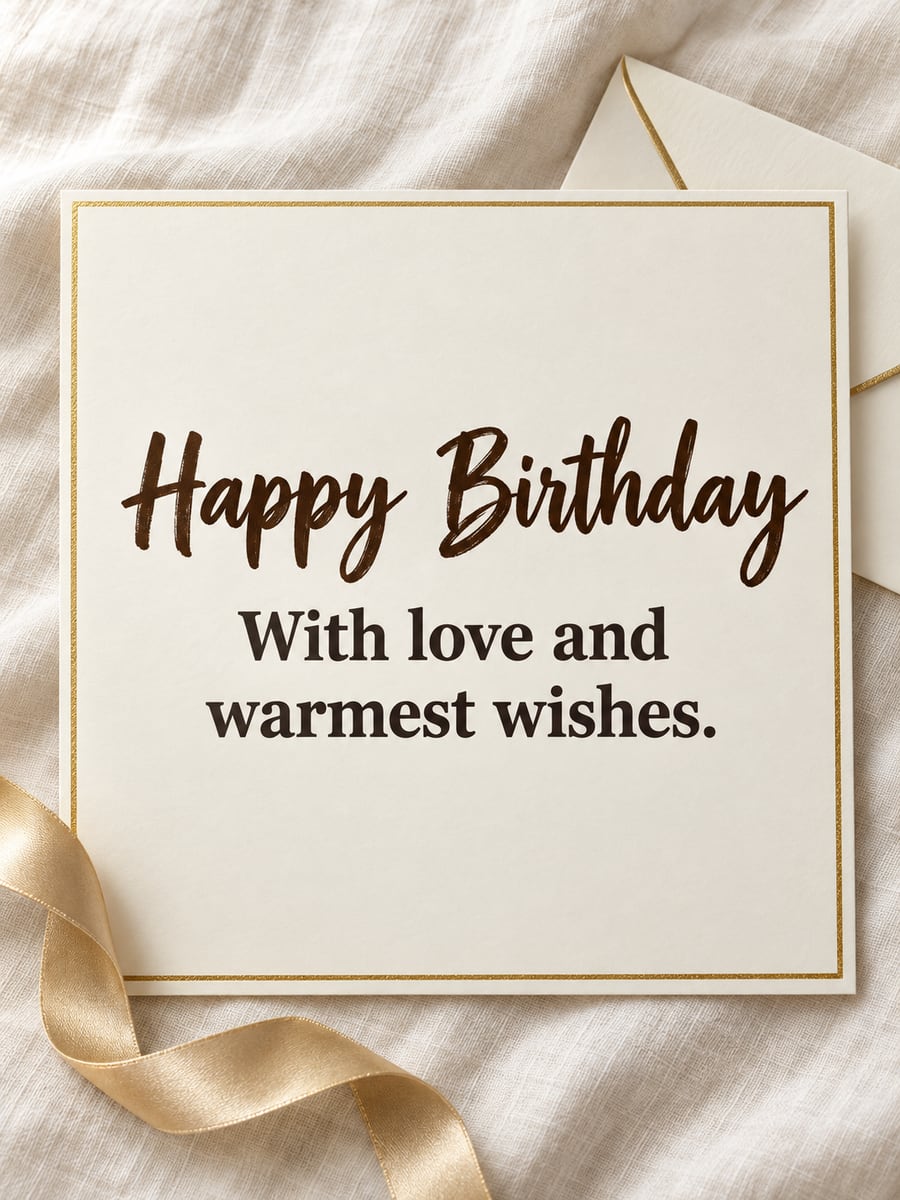 Birthday greeting image: ivory card with a gold border, envelope, gold ribbon on ivory linen. It says “Happy Birthday” and “With love and warmest wishes.”
