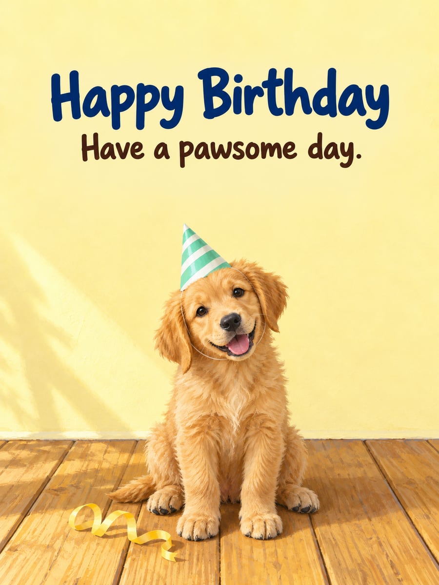 Birthday greeting image: golden retriever puppy in a striped party hat sitting on a wooden porch. It says “Happy Birthday” and “Have a pawsome day.”