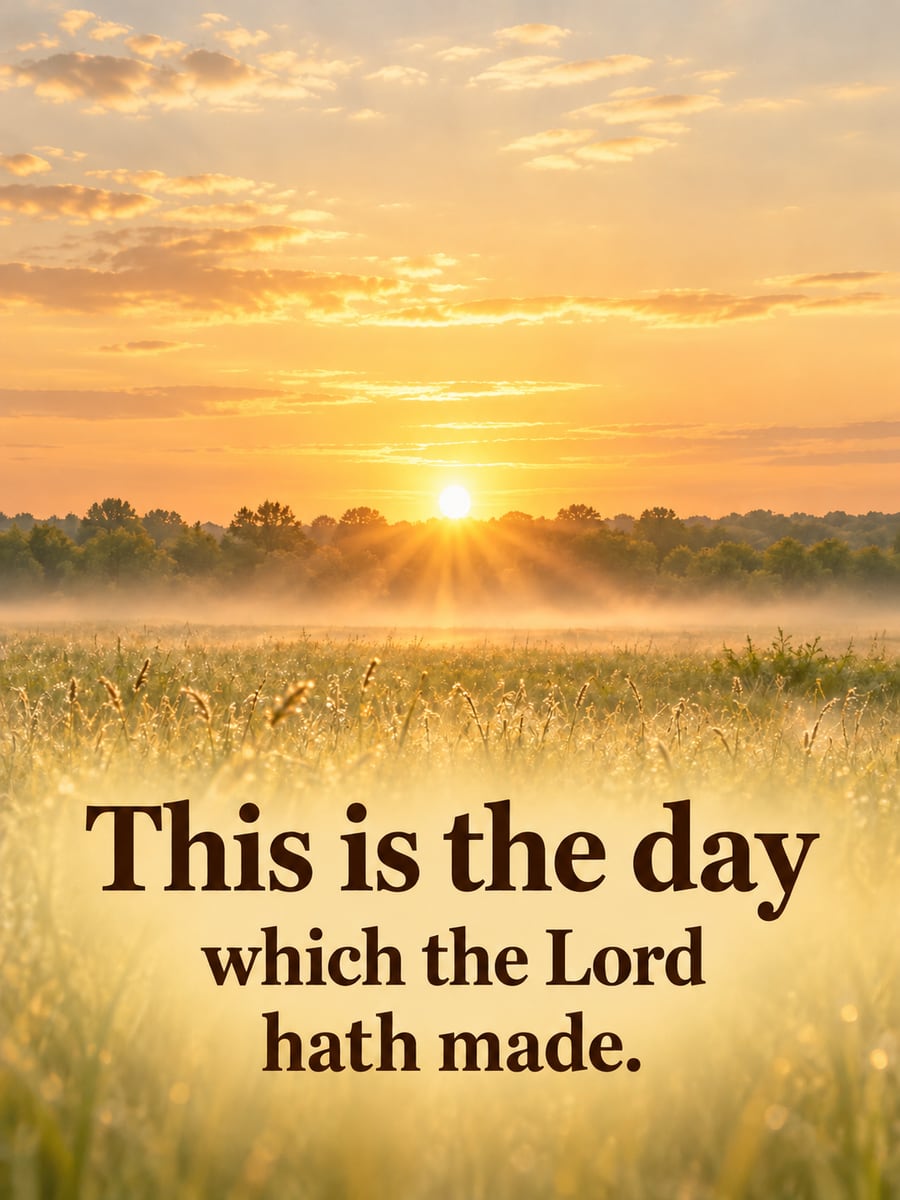 Birthday greeting image: golden sunrise over a misty field. It says “This is the day” and “which the Lord hath made.”