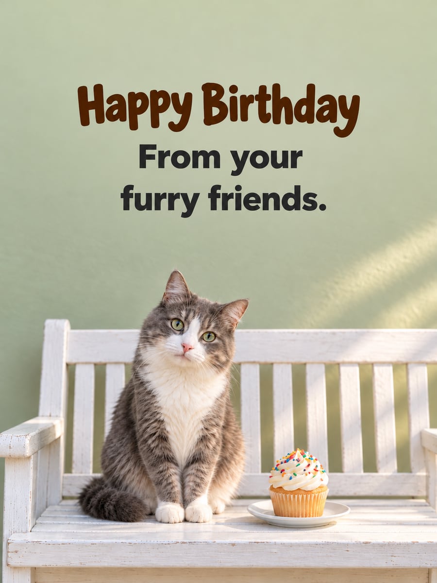 Birthday greeting image: gray and white cat on a white bench, cupcake with sprinkles. It says “Happy Birthday” and “From your furry friends.”