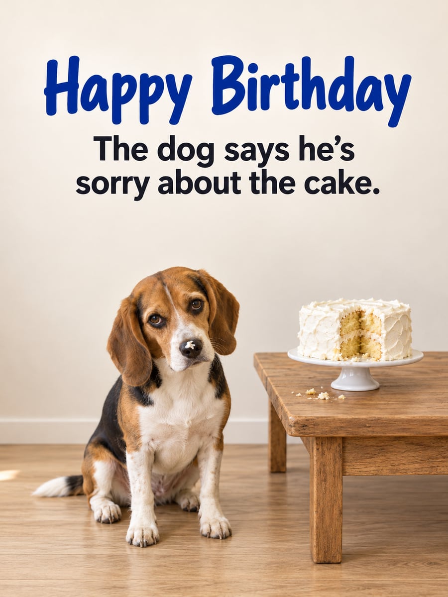 Birthday greeting image: tricolor beagle with frosting on its nose, vanilla birthday cake with a slice missing. It says “Happy Birthday” and “The dog says he’s sorry about the cake.”