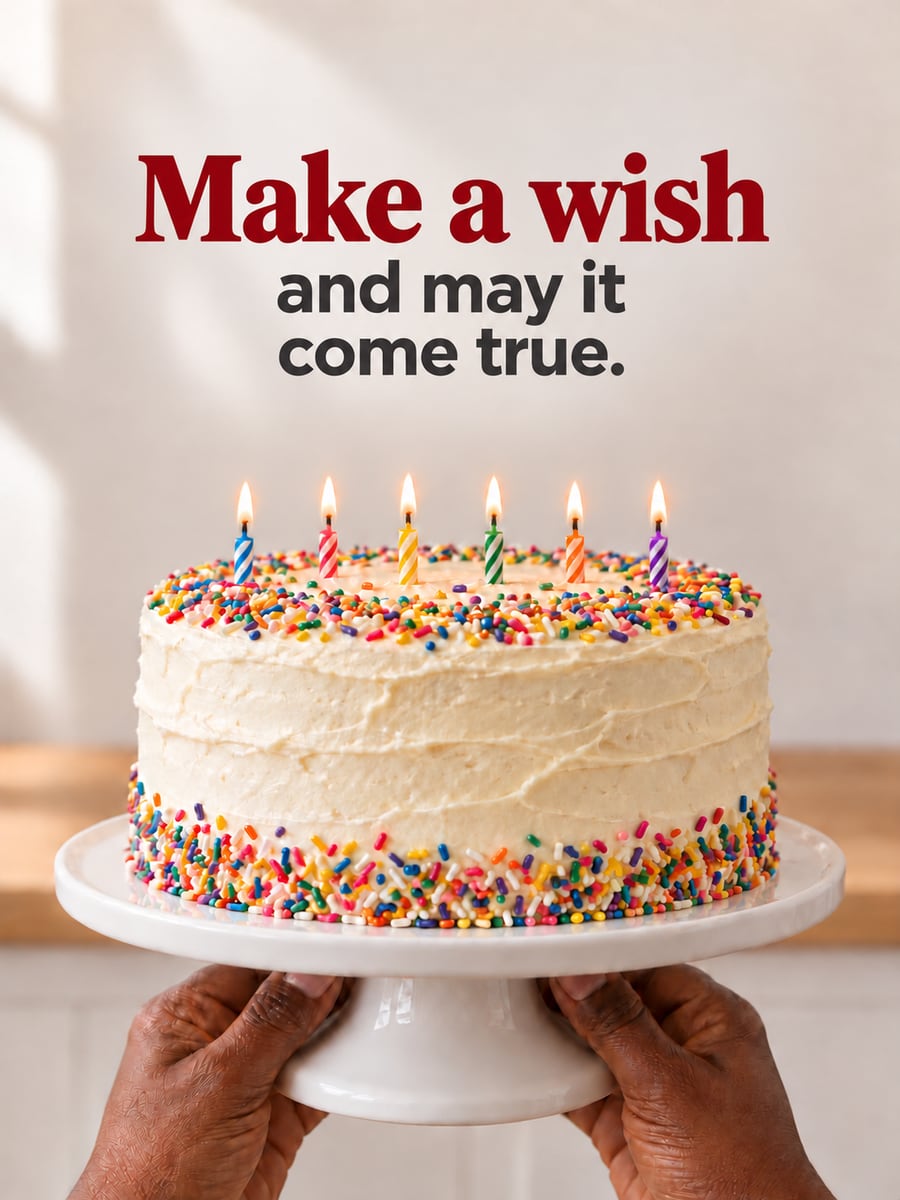 Birthday greeting image: two hands holding a vanilla birthday cake with sprinkles and lit candles. It says “Make a wish” and “and may it come true.”