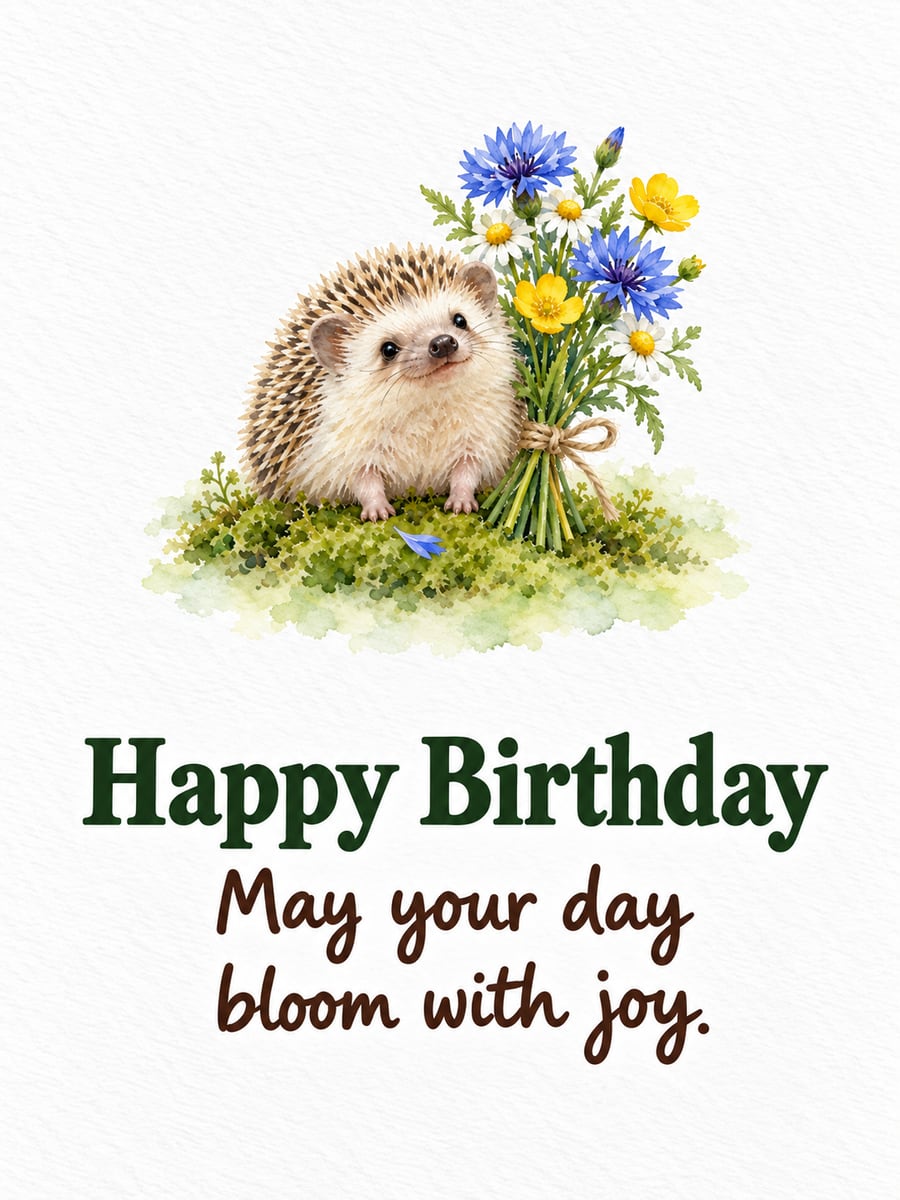 Birthday greeting image: pygmy hedgehog on moss, bunch of cornflowers, chamomile and buttercups. It says “Happy Birthday” and “May your day bloom with joy.”