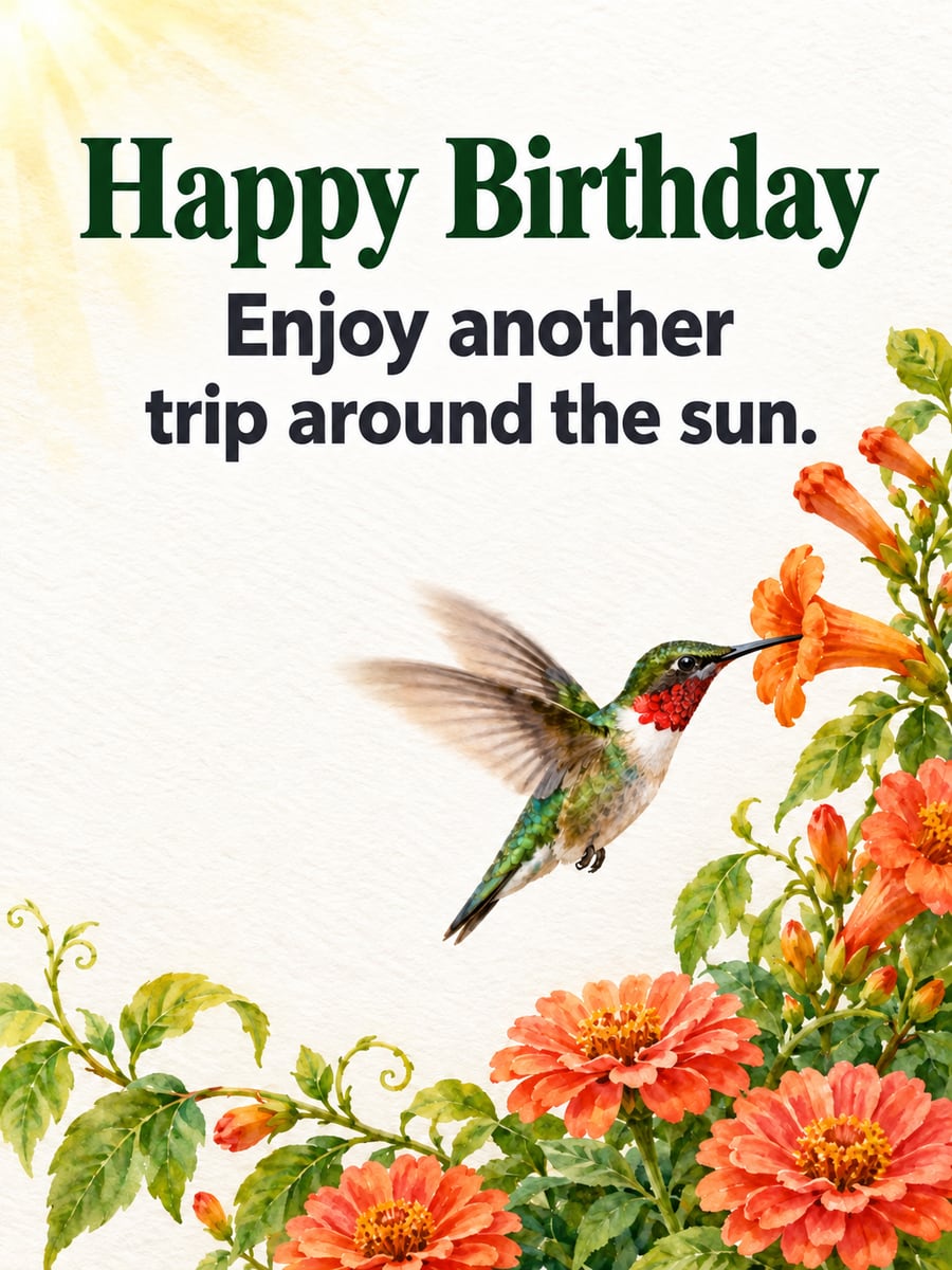 Birthday greeting image: ruby-throated hummingbird at an orange trumpet flower, orange zinnias. It says “Happy Birthday” and “Enjoy another trip around the sun.”