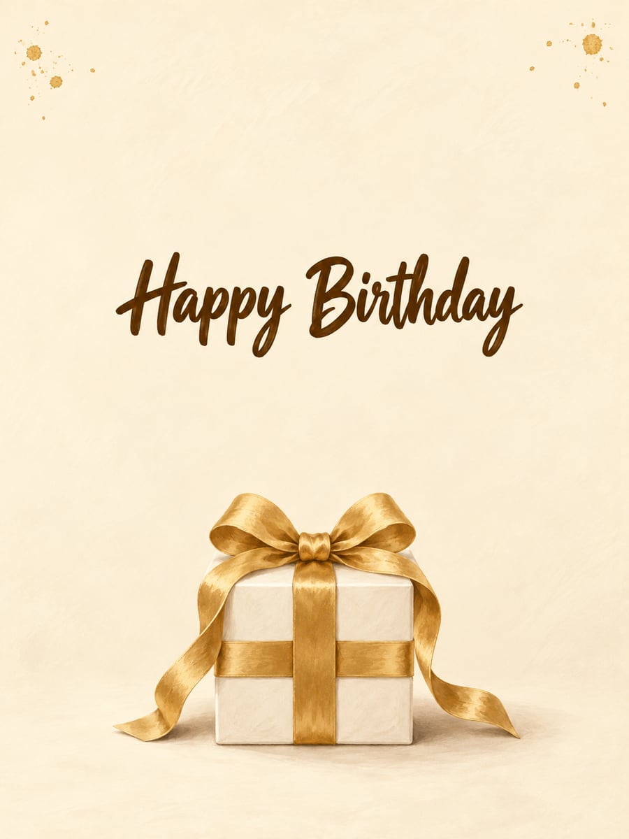 Birthday greeting image: ivory gift box with a gold ribbon and bow. It says “Happy Birthday”