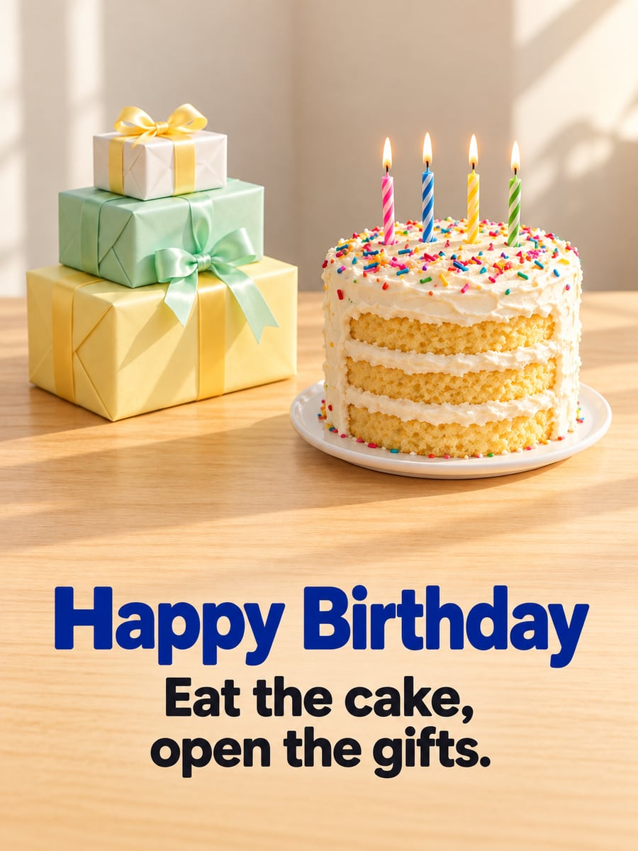 Birthday greeting image: three-layer cake with sprinkles and lit candles, stack of wrapped gifts. It says “Happy Birthday” and “Eat the cake, open the gifts.”
