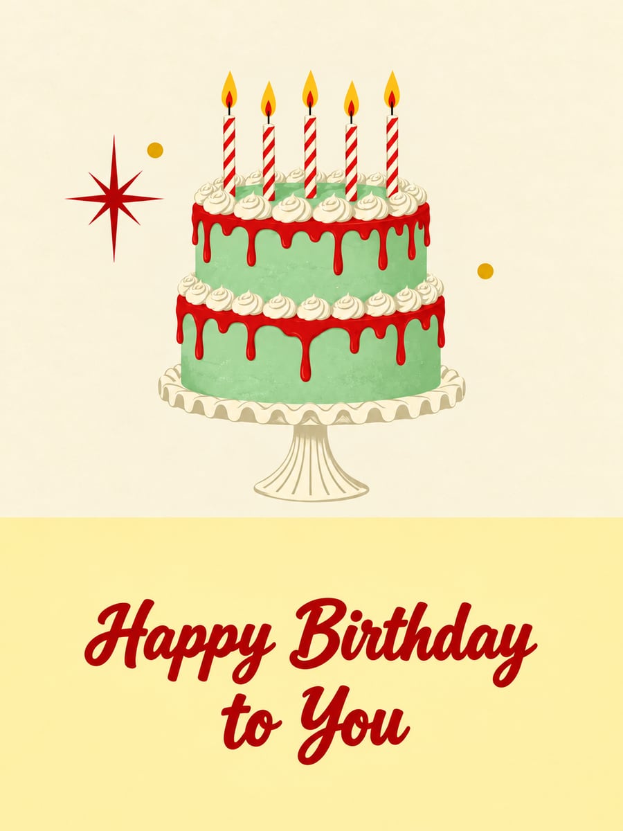 Birthday greeting image: retro mint cake with lit candles on a cake stand. It says “Happy Birthday to You”