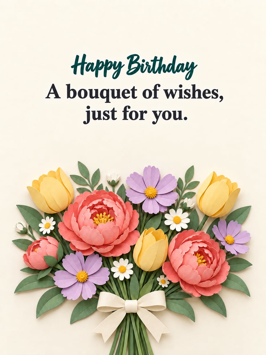 Birthday greeting image: paper-cut bouquet of peonies, tulips, cosmos and daisies, cream ribbon bow. It says “Happy Birthday” and “A bouquet of wishes, just for you.”