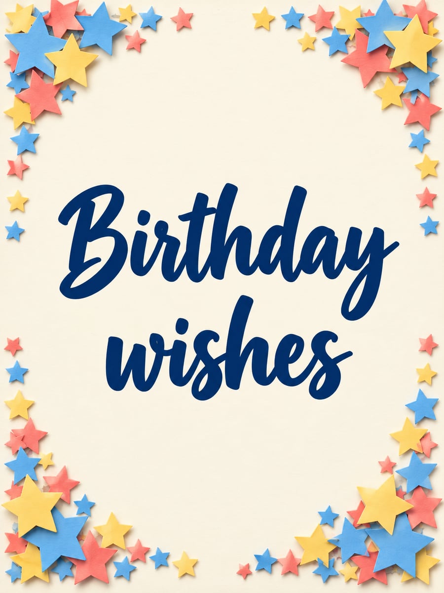 Birthday greeting image: frame of paper-cut stars. It says “Birthday wishes”