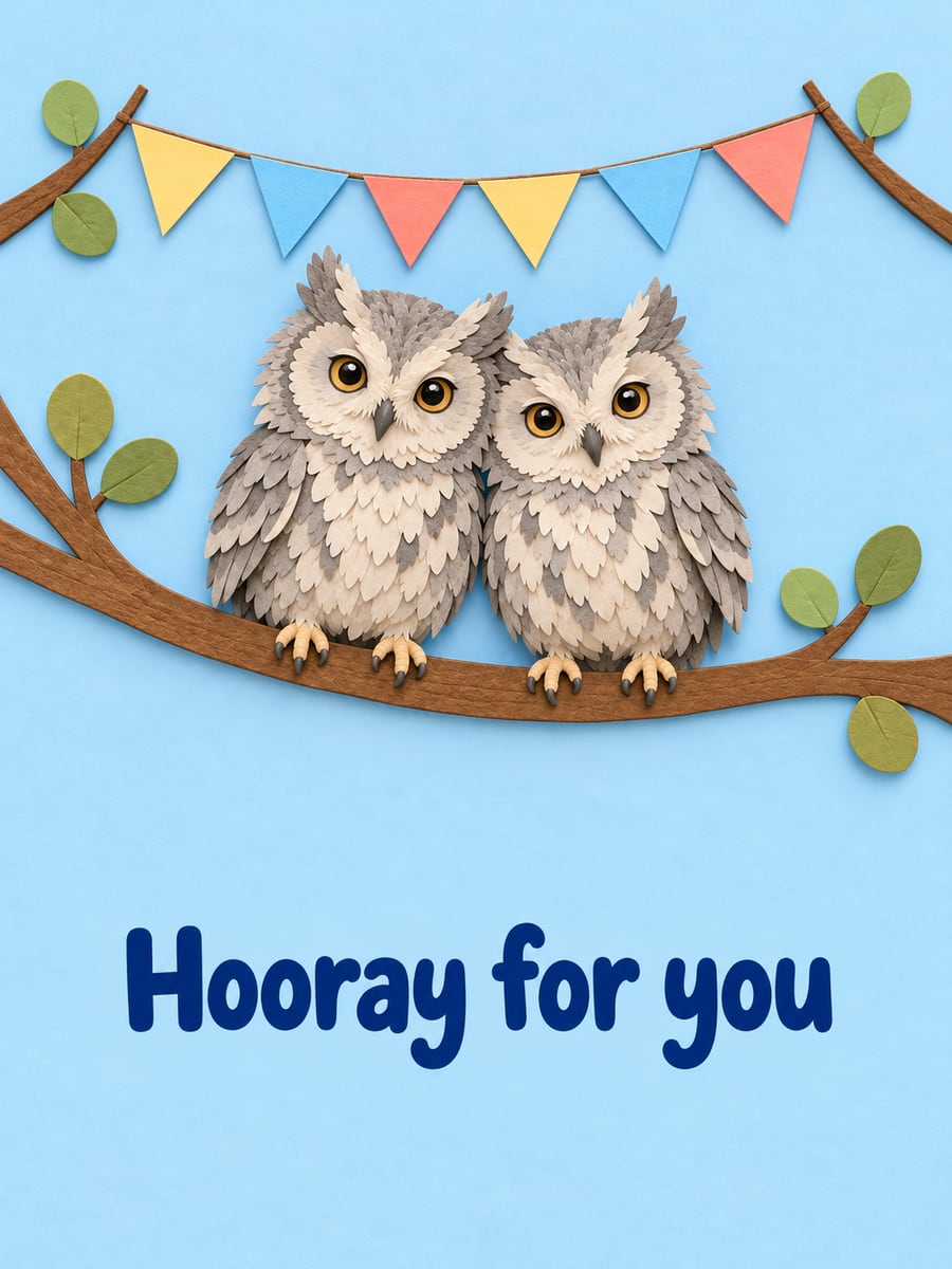 Birthday greeting image: two paper-cut gray owlets on a branch, paper bunting. It says “Hooray for you”