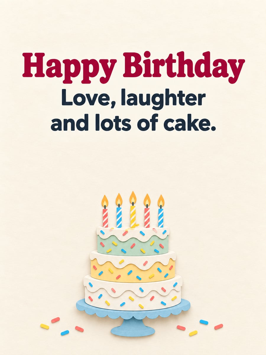 Birthday greeting image: paper-cut three-layer cake with sprinkles and five lit candles, blue cake stand. It says “Happy Birthday” and “Love, laughter and lots of cake.”
