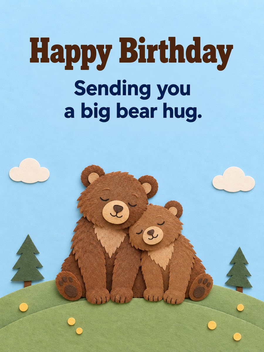 Birthday greeting image: two paper-cut brown bear cubs cuddling on a green hill, pine trees. It says “Happy Birthday” and “Sending you a big bear hug.”