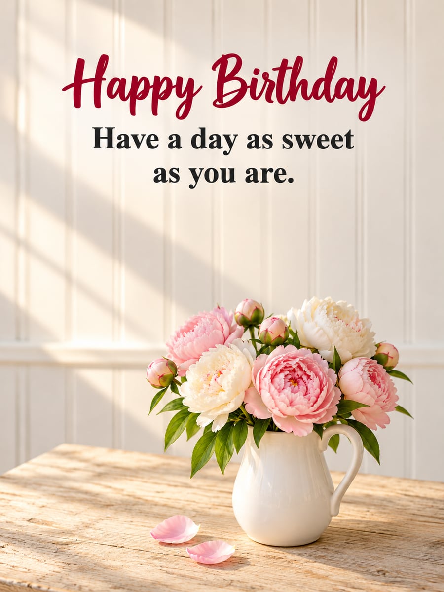 Birthday greeting image: pink and white peonies in a white pitcher, wooden kitchen table. It says “Happy Birthday” and “Have a day as sweet as you are.”