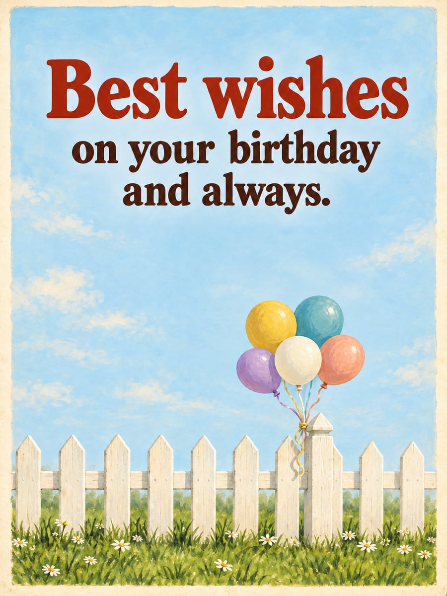 Birthday greeting image: pastel balloons tied to a white picket fence, lawn with daisies. It says “Best wishes” and “on your birthday and always.”