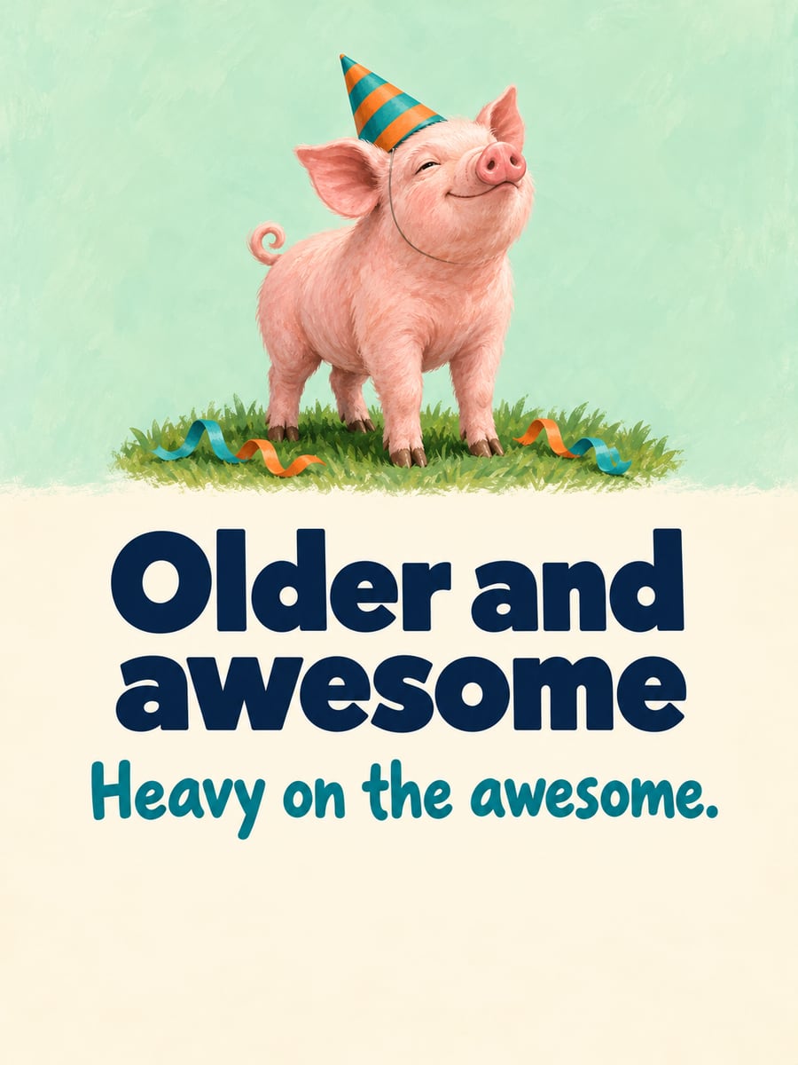 Birthday greeting image: pink piglet in a striped party hat, grass with curly ribbons. It says “Older and awesome” and “Heavy on the awesome.”
