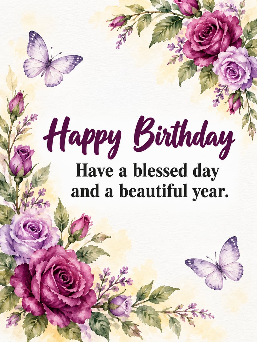 Birthday greeting image: watercolor purple and magenta roses, two lilac butterflies. It says “Happy Birthday” and “Have a blessed day and a beautiful year.”
