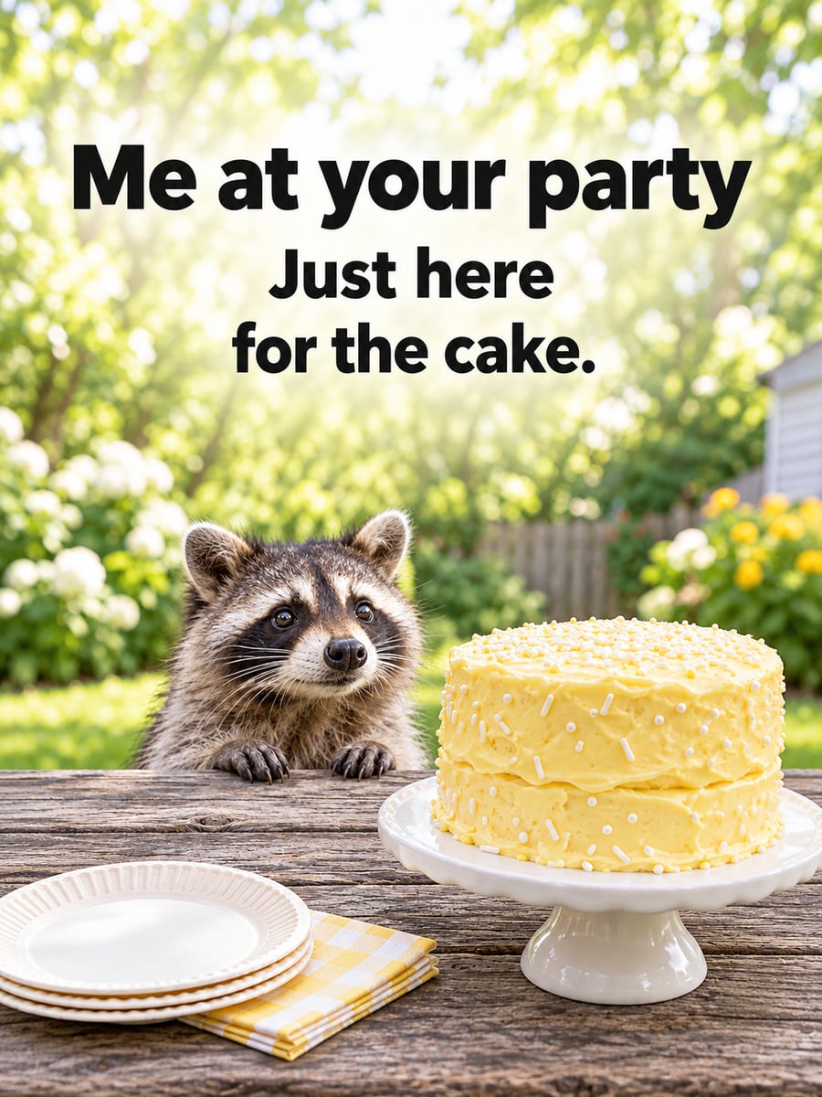 Birthday greeting image: raccoon peeking over a picnic table, lemon layer cake on a cake stand, plates and a yellow napkin. It says “Me at your party” and “Just here for the cake.”